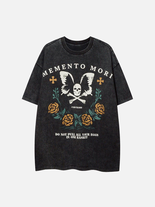 Front view of black butterfly skull print tee by TALISHKO, featuring floral and text design.