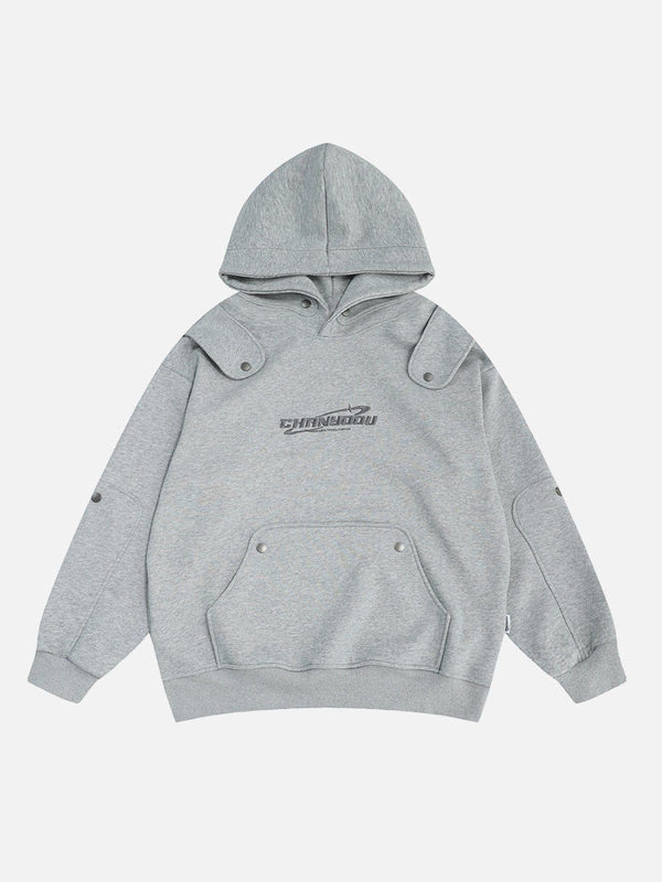 Front view of a gray button deconstructive hoodie by TALISHKO, ideal for urban style.