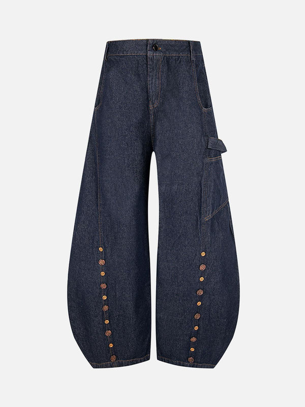 Navy barrel jeans by TALISHKO, front view, featuring unique button embroidery for urban style.