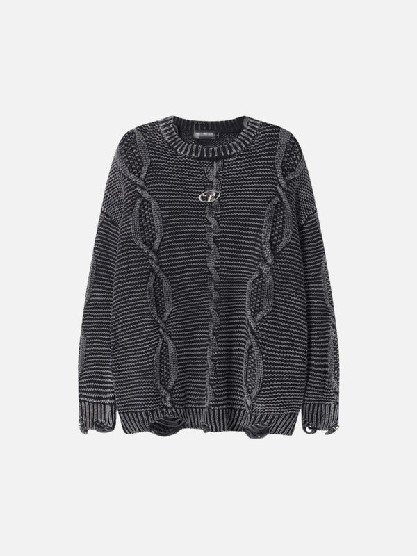 Front view of a black cable knit ripped sweater by TALISHKO, featuring urban-inspired design.