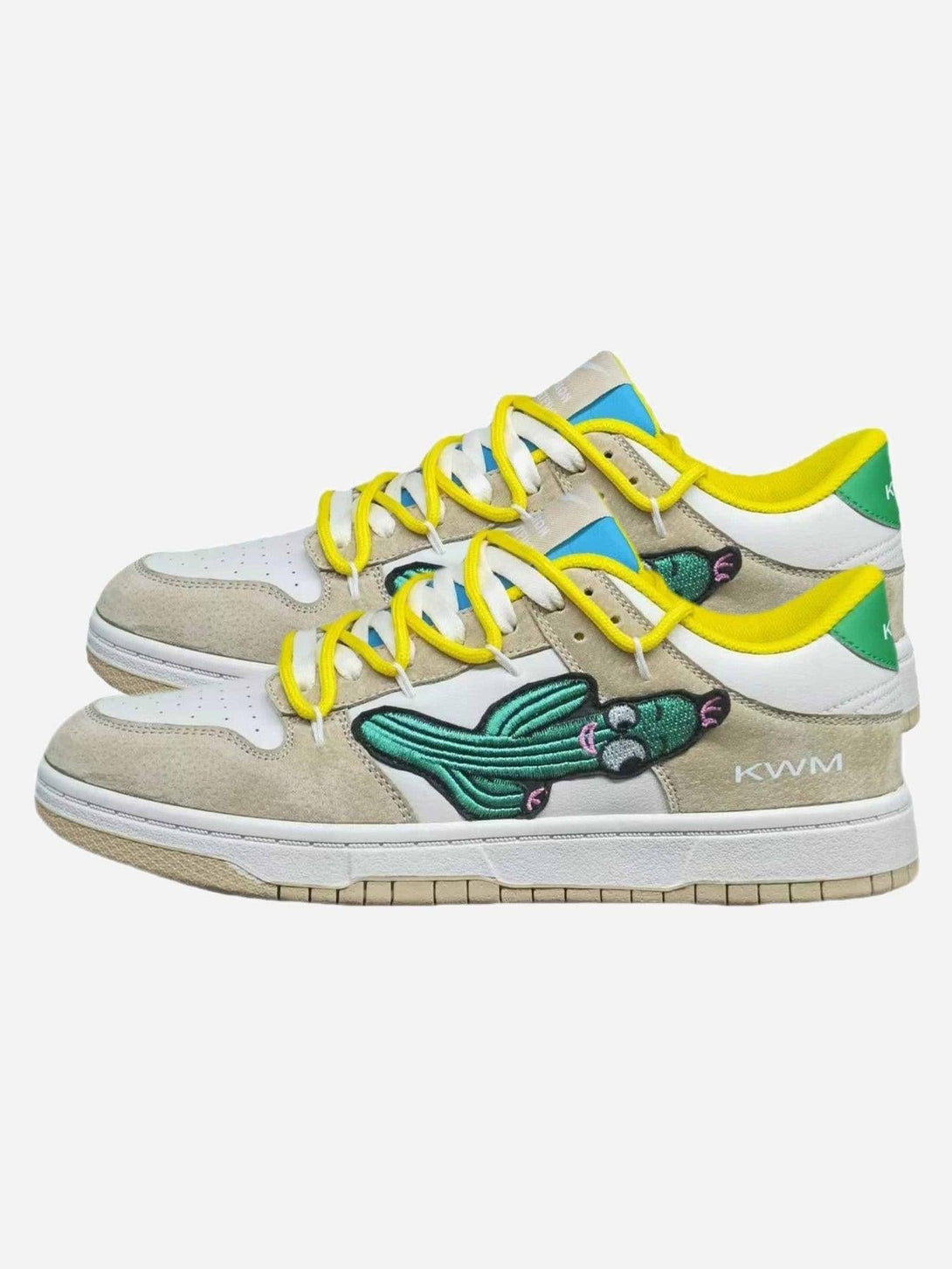 Side view of beige Cactus Elements board shoes by TALISHKO, featuring vibrant yellow laces.