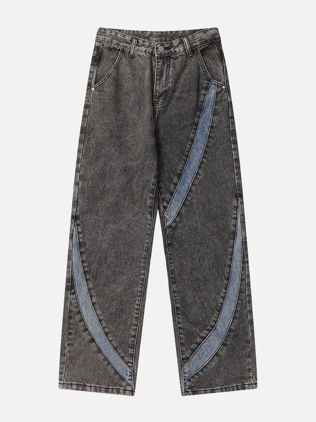 Front view of TALISHKO cambered patchwork jeans in black with stylish curved blue detailing.
