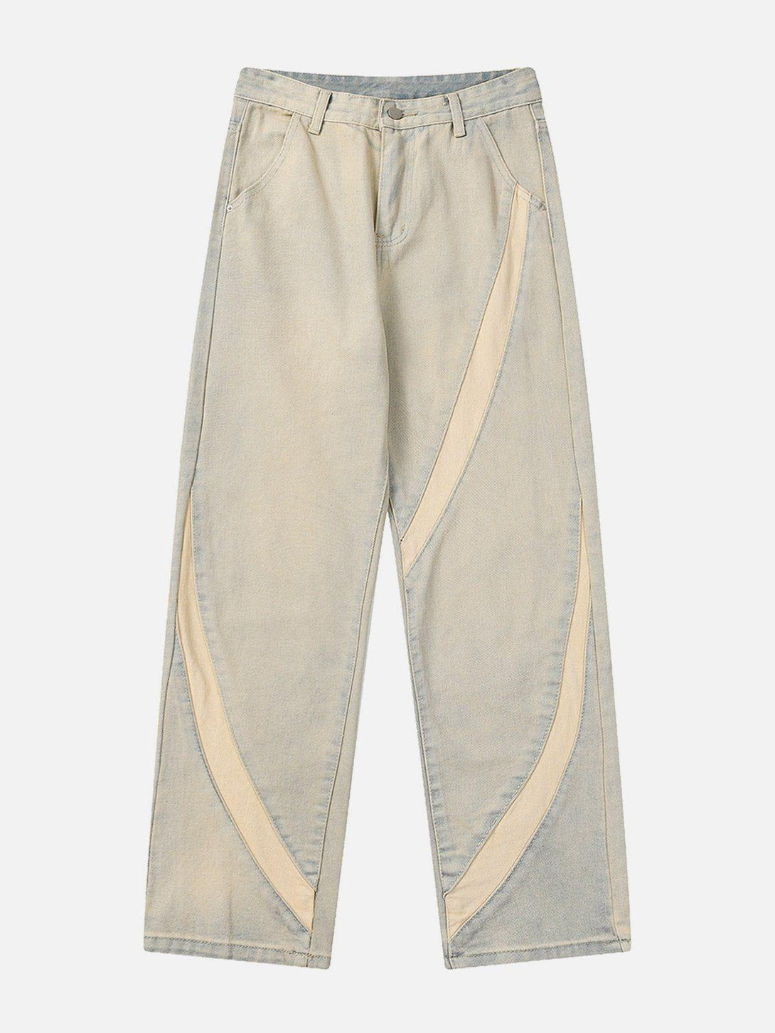 Front view of TALISHKO light yellow straight-leg jeans with unique cambered patchwork design.