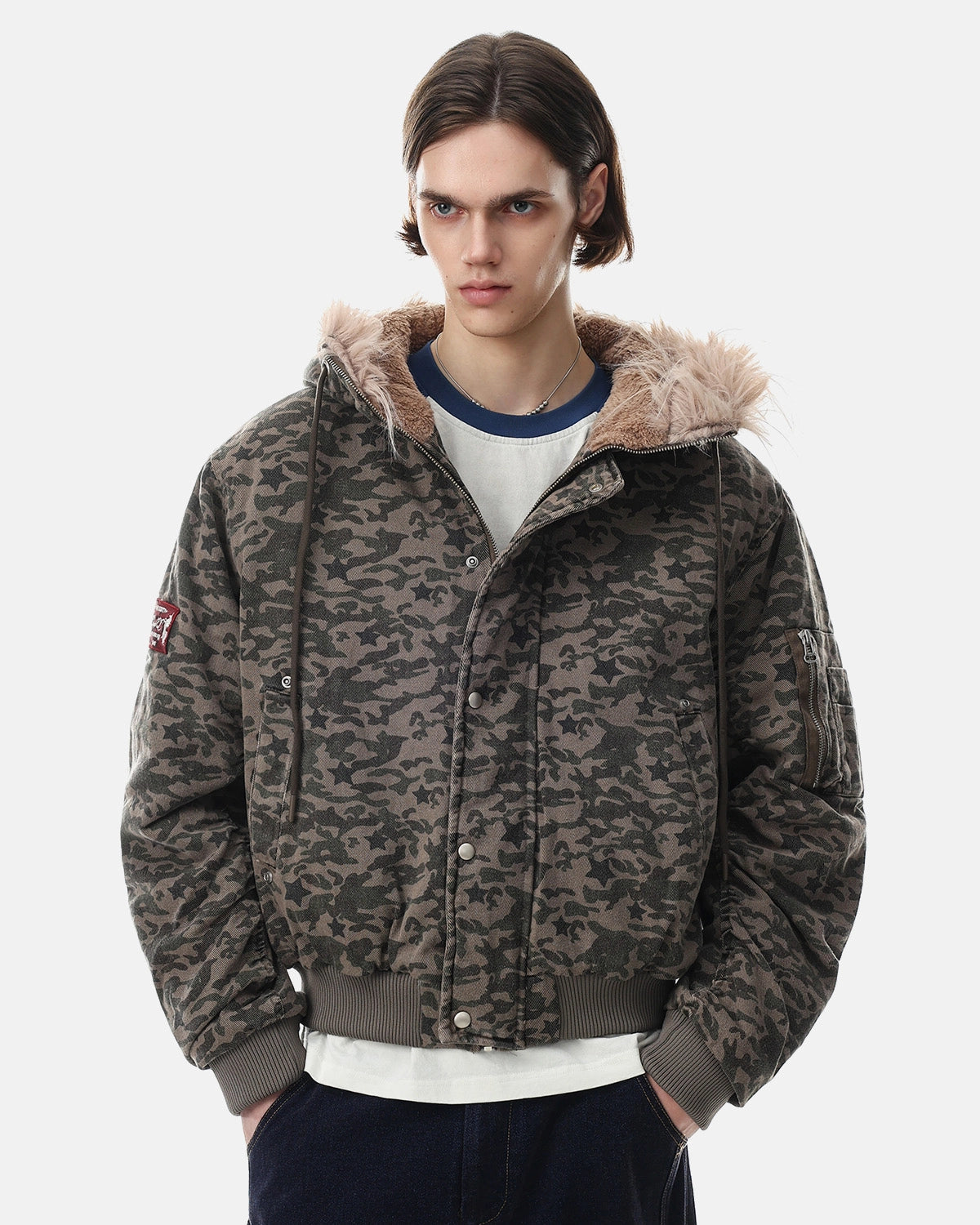 TALISHKO Camo Faux Fur Hooded Bomber Jacket