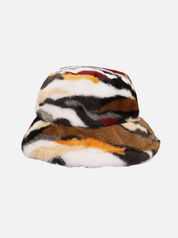 TALISHKO plush bucket hat in coffee camo stripes, showcasing a cozy and stylish front view.