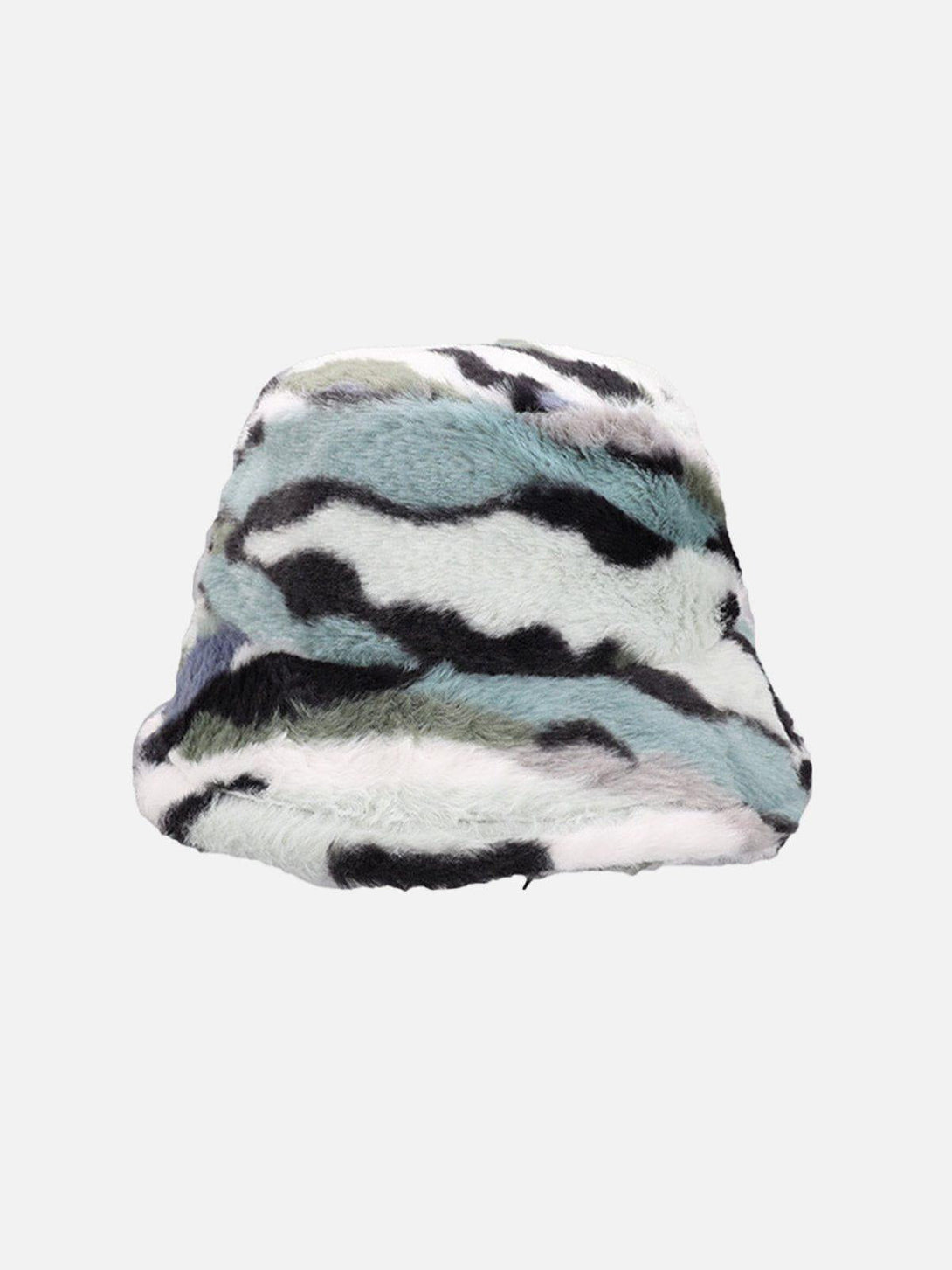 TALISHKO plush bucket hat in cyan camo stripes, offering a cozy and trendy front view.