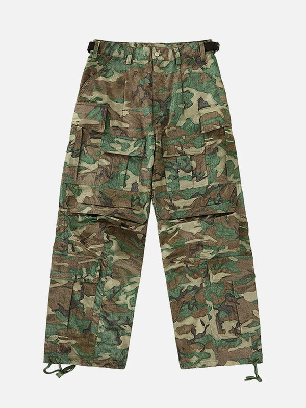 Front view of classic camouflage cargo pants with adjustable belt by TALISHKO.