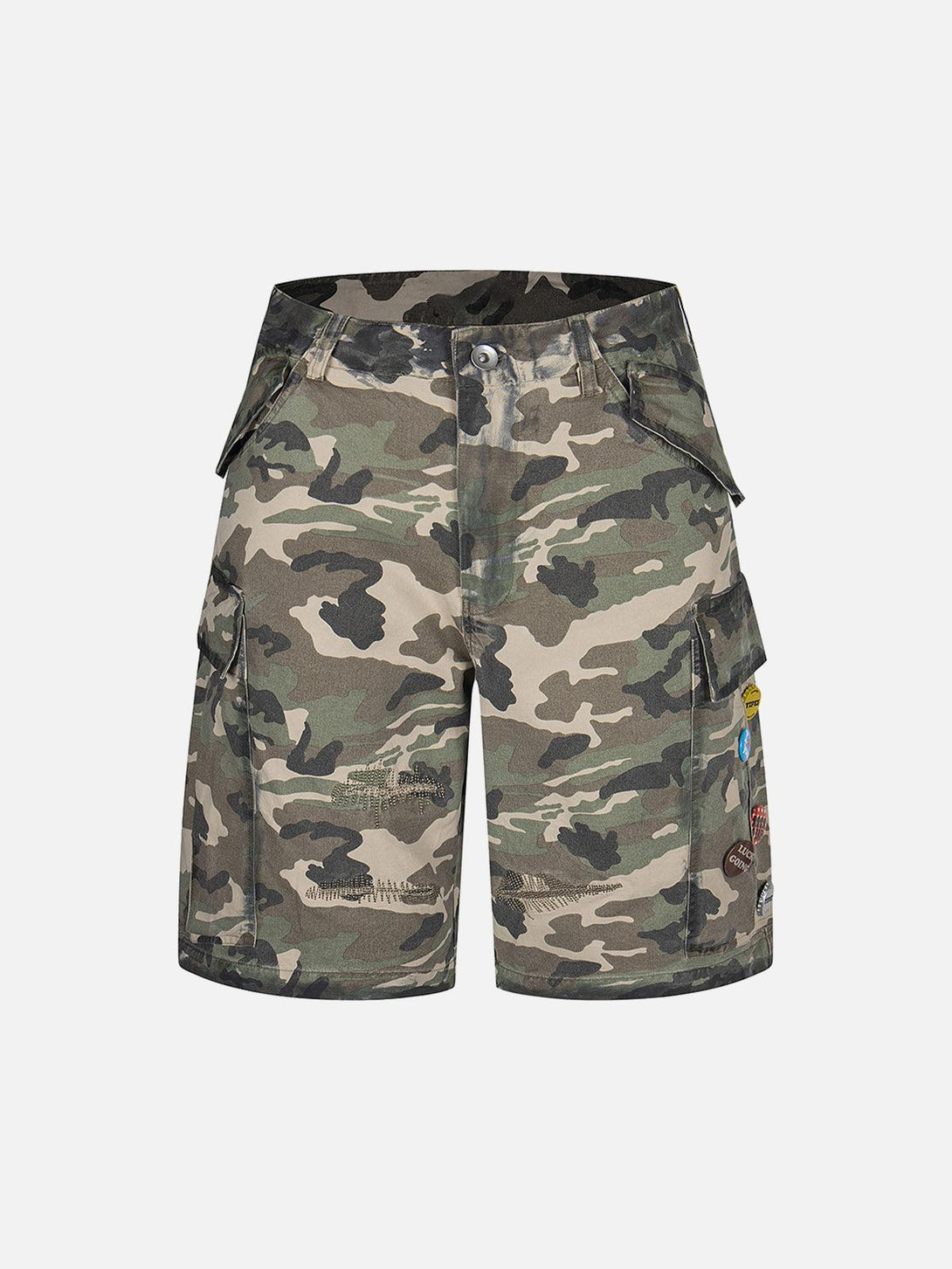 Front view of TALISHKO camouflage cargo shorts with badge details, ideal for casual outings.