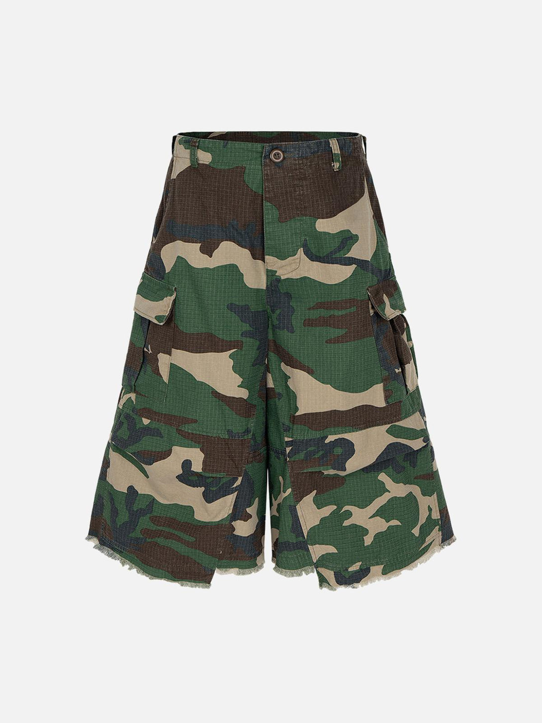 Front view of TALISHKO camouflage cropped cargo shorts with buckle waist detail.