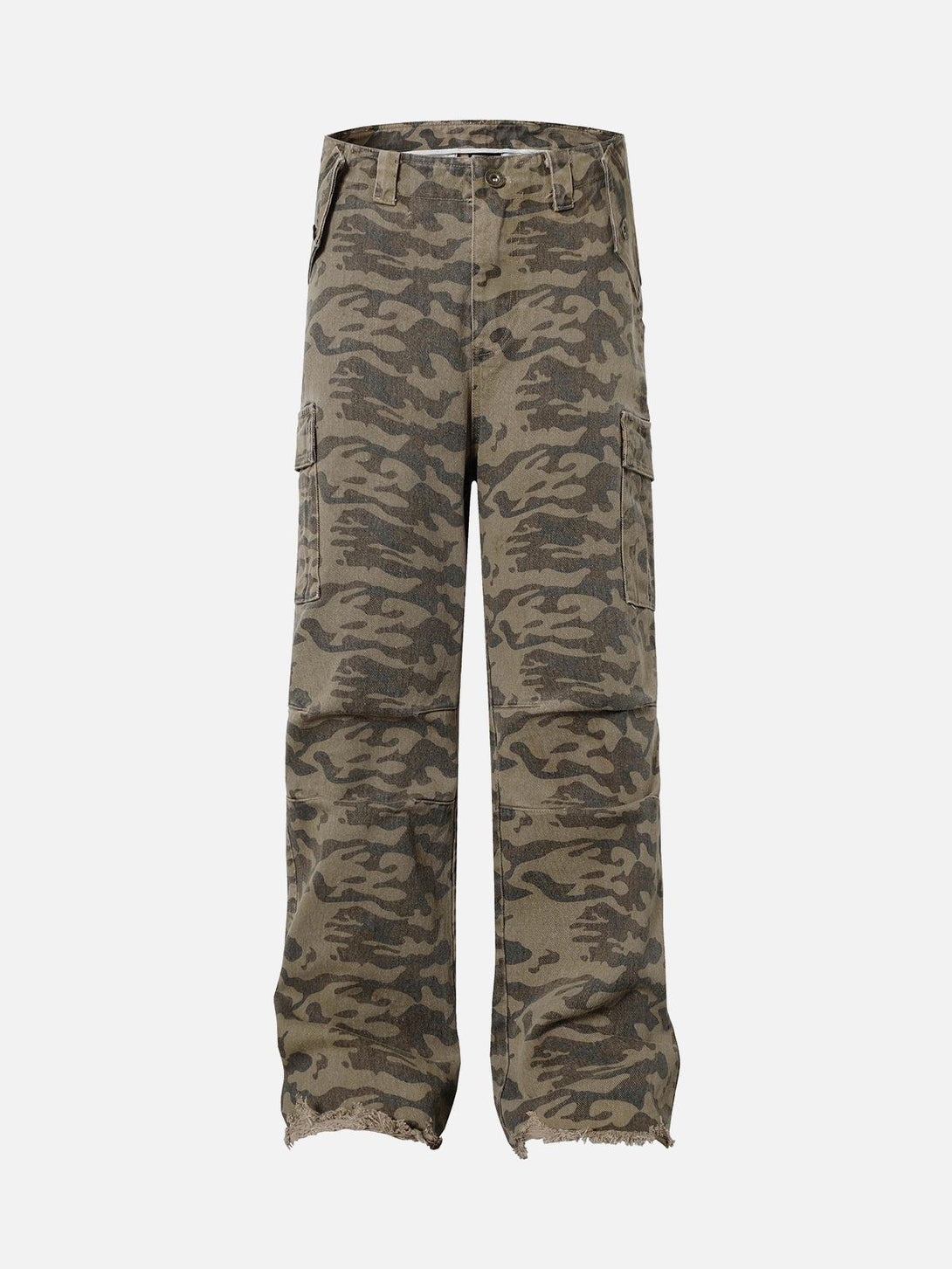 Front view of TALISHKO camouflage cargo pants featuring a rugged street-style design.