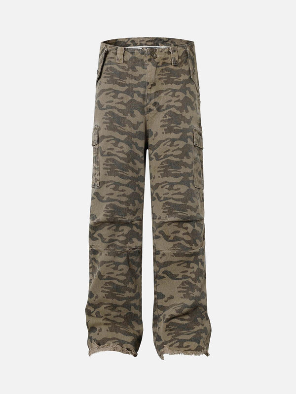 Front view of TALISHKO camouflage cargo pants featuring a rugged street-style design.