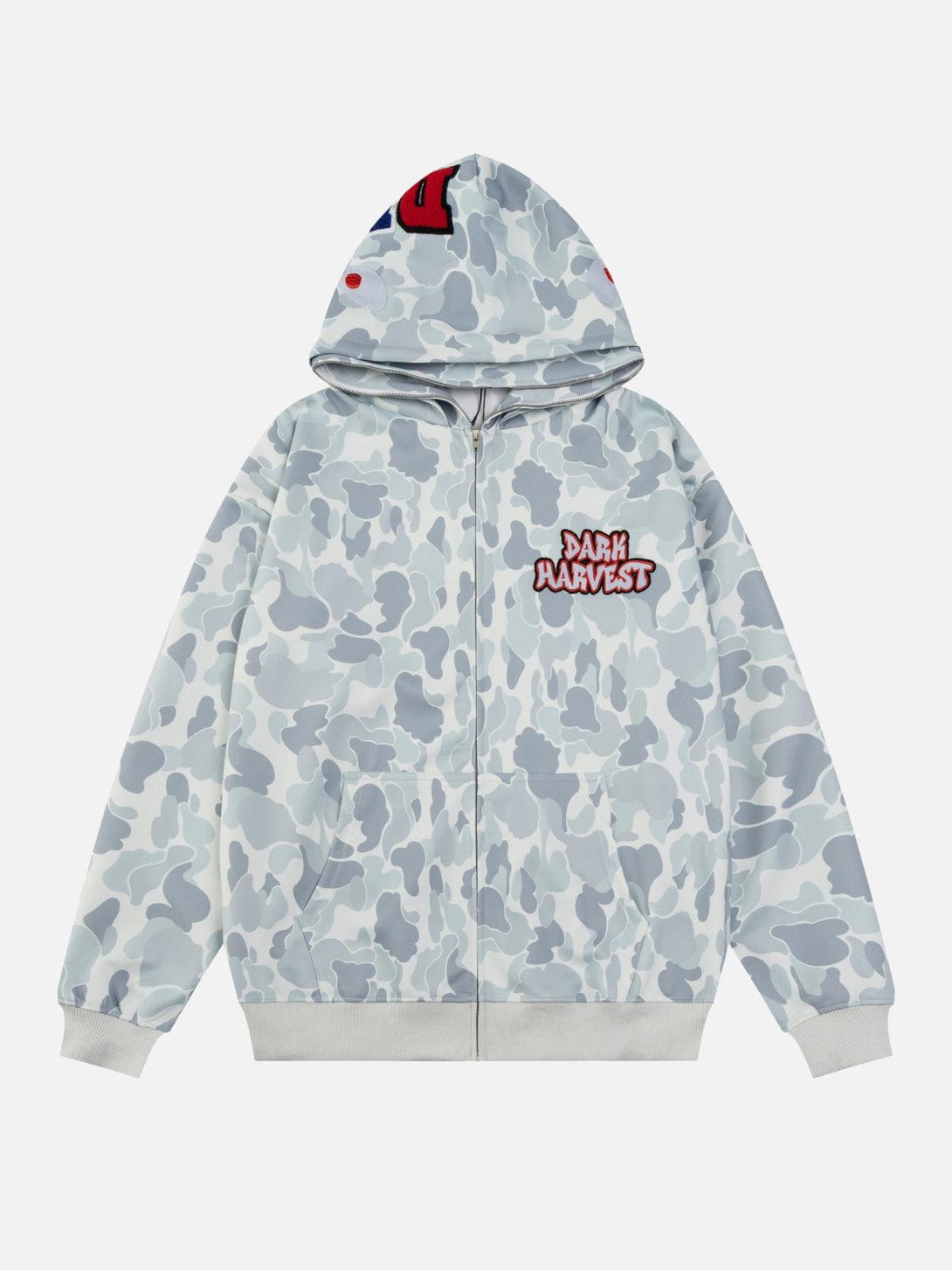 Front view of a white camouflage hoodie featuring a double cap design by TALISHKO.