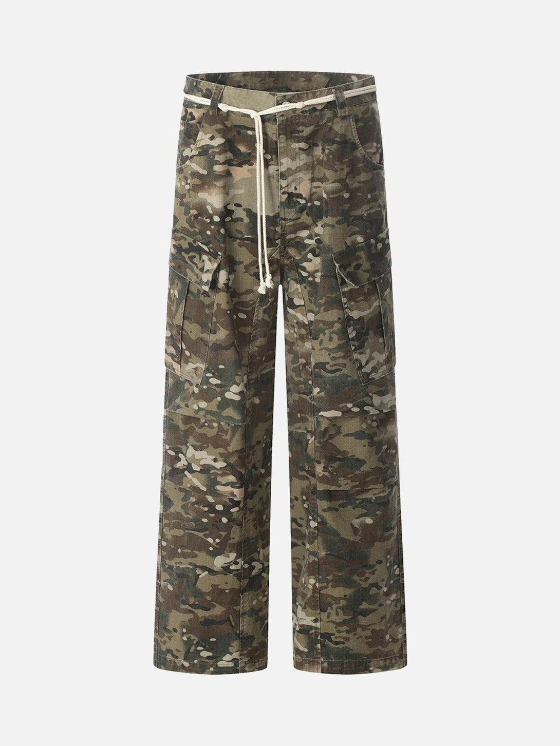 Front view of camouflage drawstring cargo pants by TALISHKO, perfect for urban style.