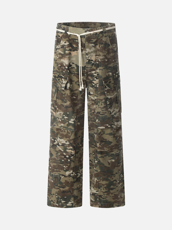 Front view of camouflage drawstring cargo pants by TALISHKO, perfect for urban style.