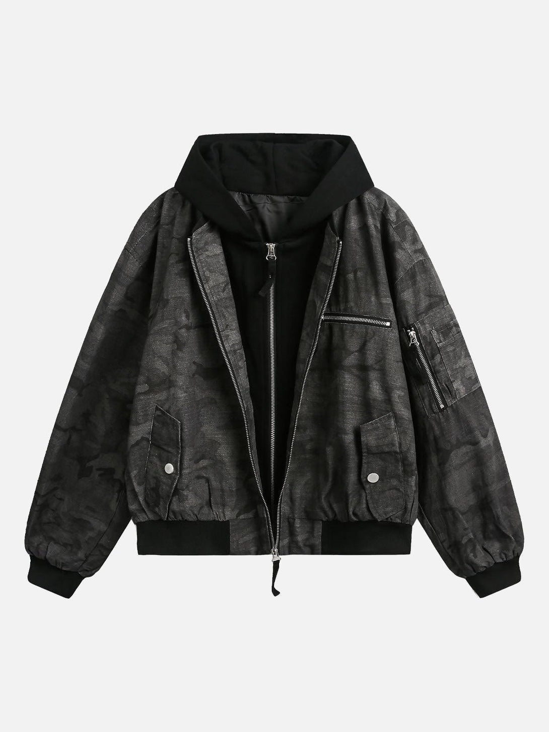 Front view of a black camouflage hooded jacket by TALISHKO, featuring a chic faux two-piece design.