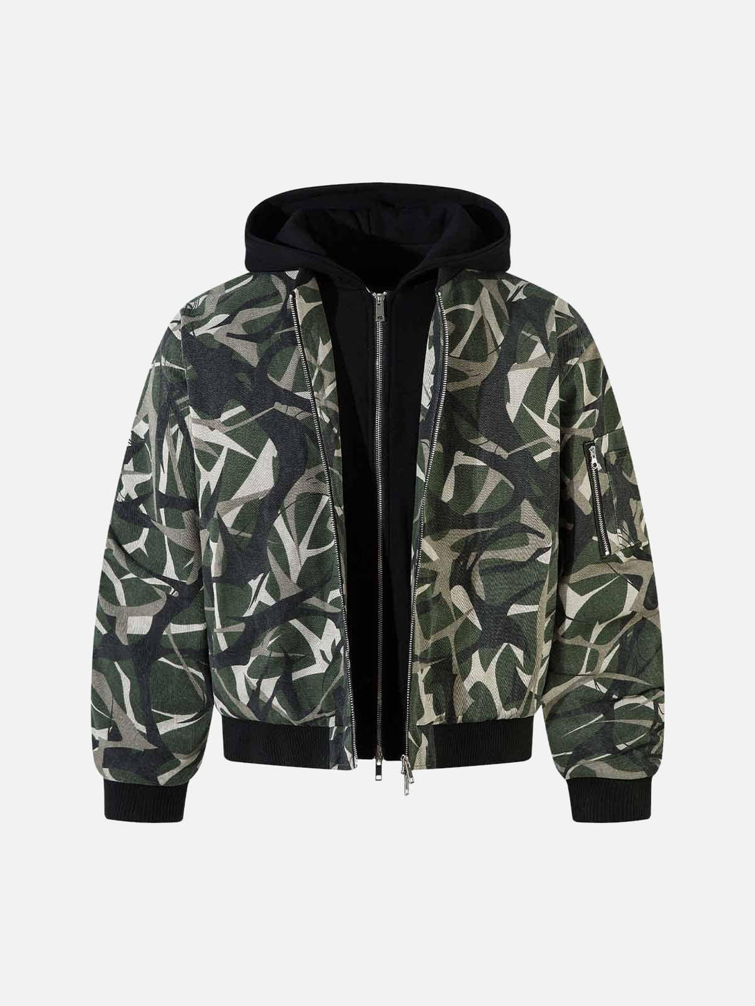 Front view of a green camouflage hooded bomber jacket by TALISHKO, perfect for urban style.