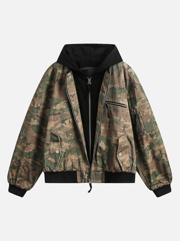 Front view of a green camouflage hooded jacket by TALISHKO, featuring a stylish faux two-piece design.