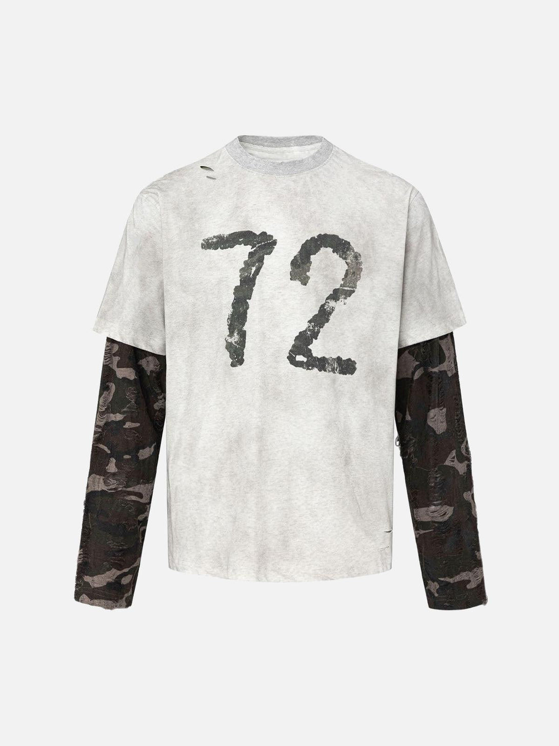Front view of a gray long sleeve T-shirt with camouflage details by TALISHKO, featuring a bold "72" graphic.