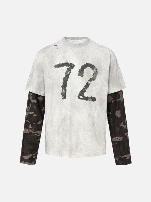 Front view of a gray long sleeve T-shirt with camouflage details by TALISHKO, featuring a bold "72" graphic.