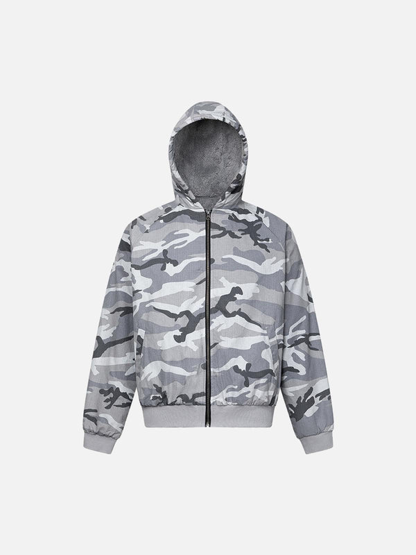 Front view of a gray camouflage fleece hooded jacket by TALISHKO, ideal for urban style.