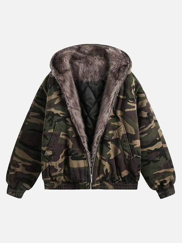 Front view of a green camouflage jacket with fur collar by TALISHKO, perfect for urban style.