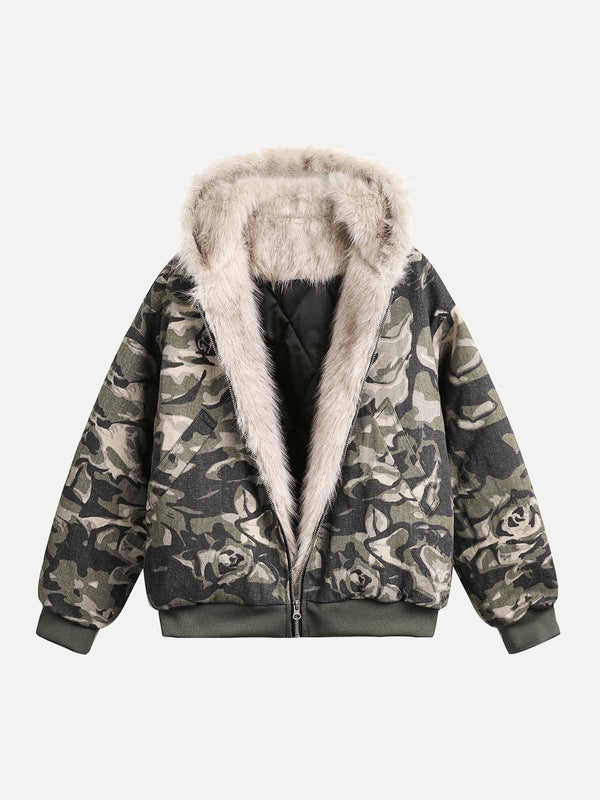 Front view of a camouflage jacket with a fur hood by TALISHKO, perfect for urban style.