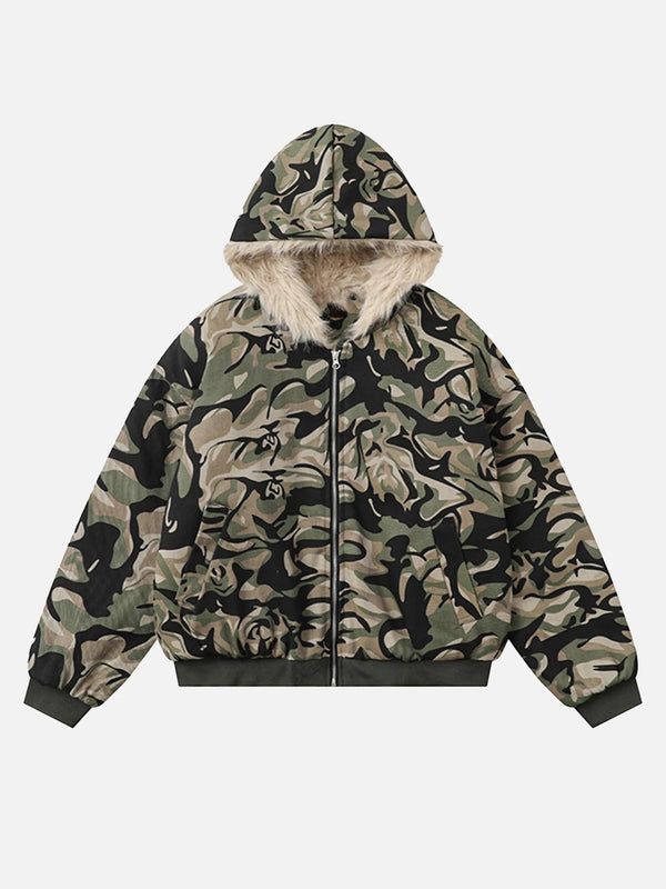 Camouflage fur-lined hoodie with zipper by TALISHKO, showcasing a bold street style design.