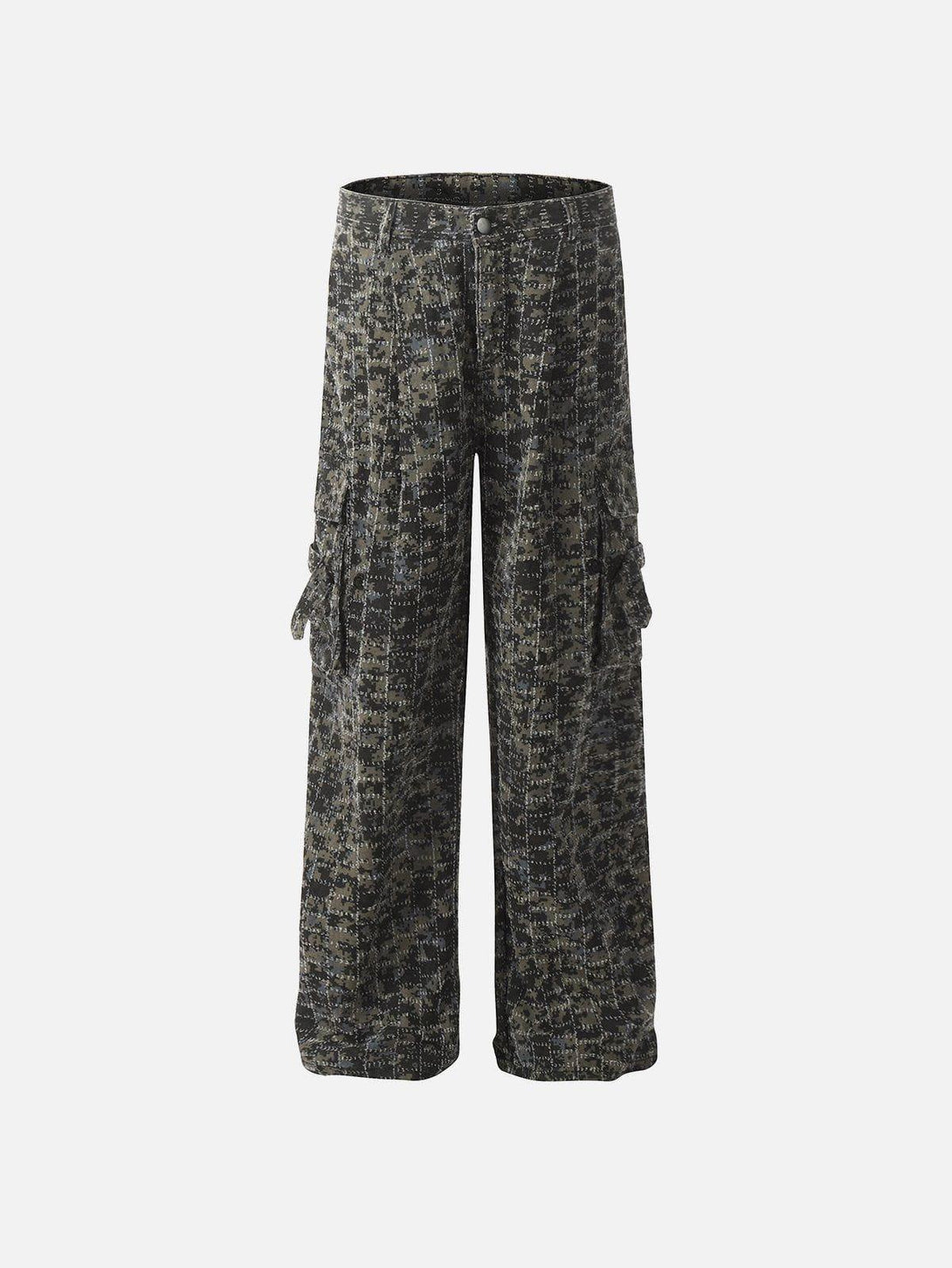 Front view of green camo loose jeans by TALISHKO, featuring a relaxed street style.