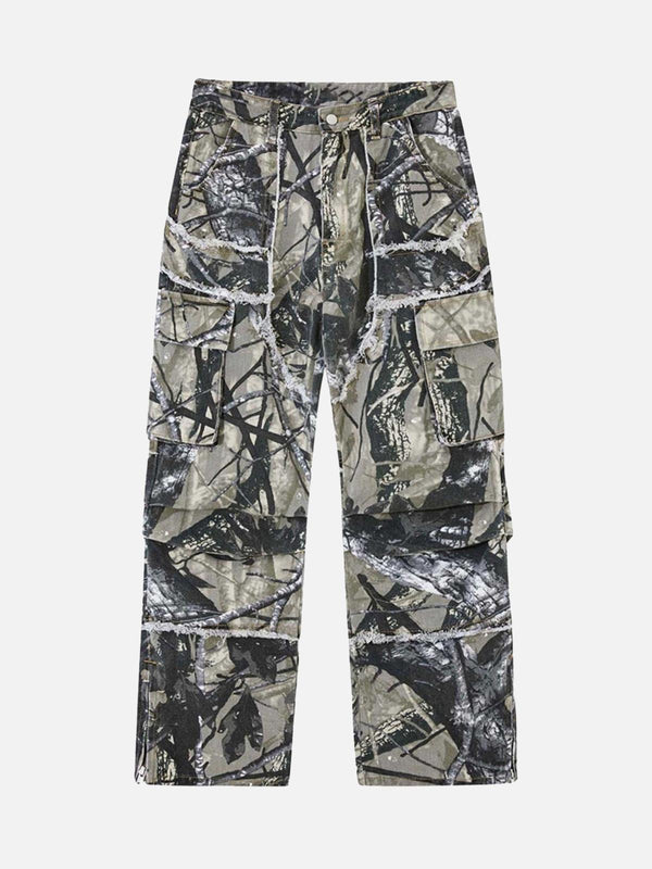 Front view of TALISHKO camouflage leaf straight leg pants in dark green, ideal for urban style.