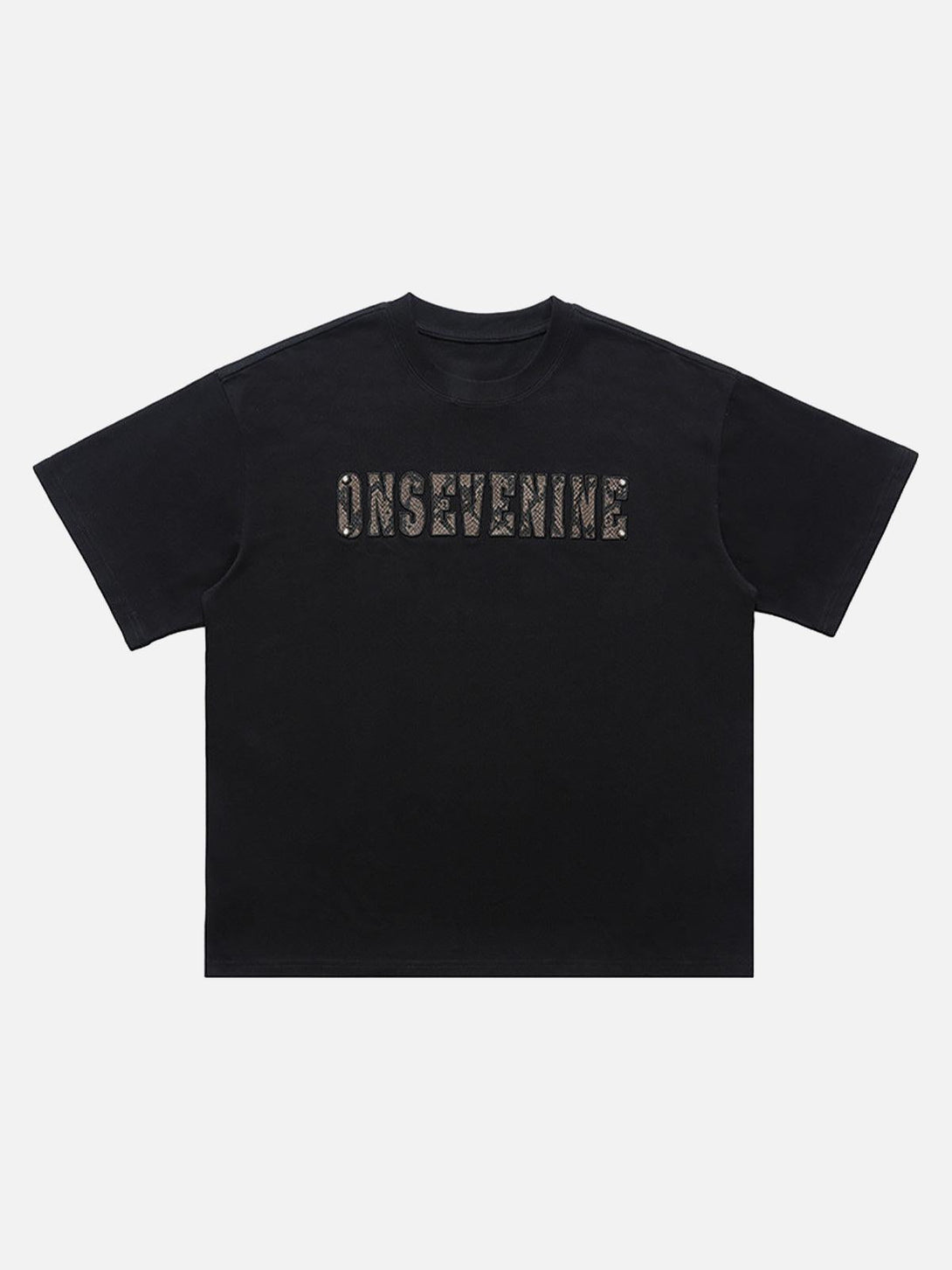 Black short sleeve T-shirt by TALISHKO featuring camouflage lettering on the front view.