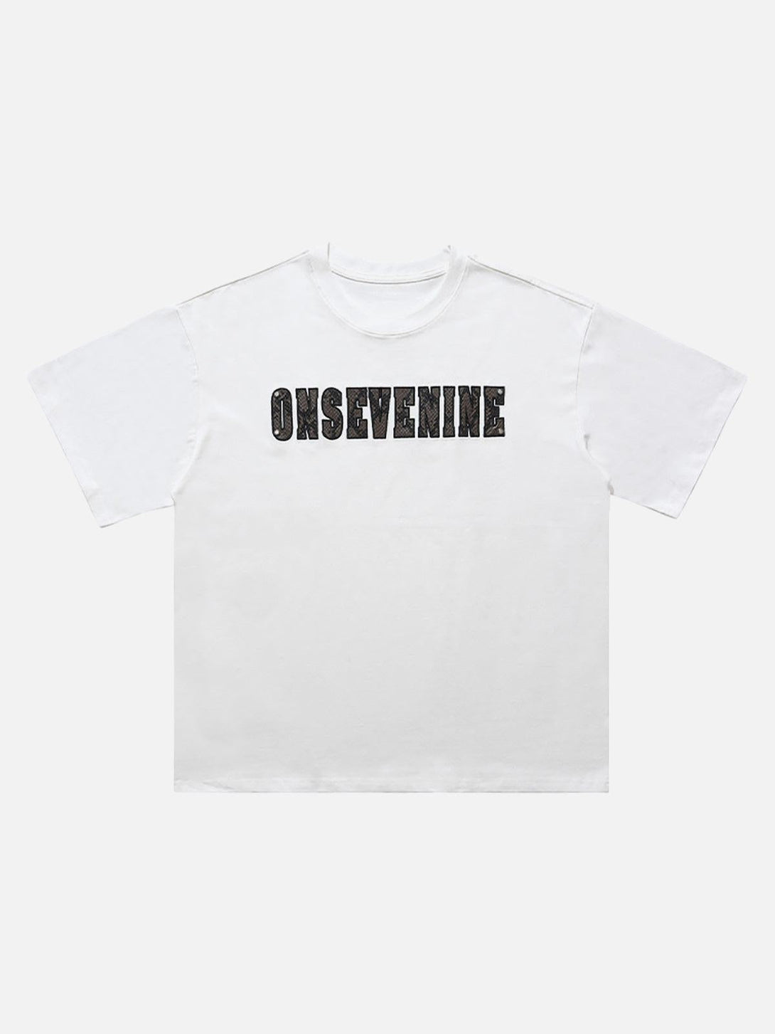 Front view of a white short sleeve T-shirt by TALISHKO with bold camouflage lettering.