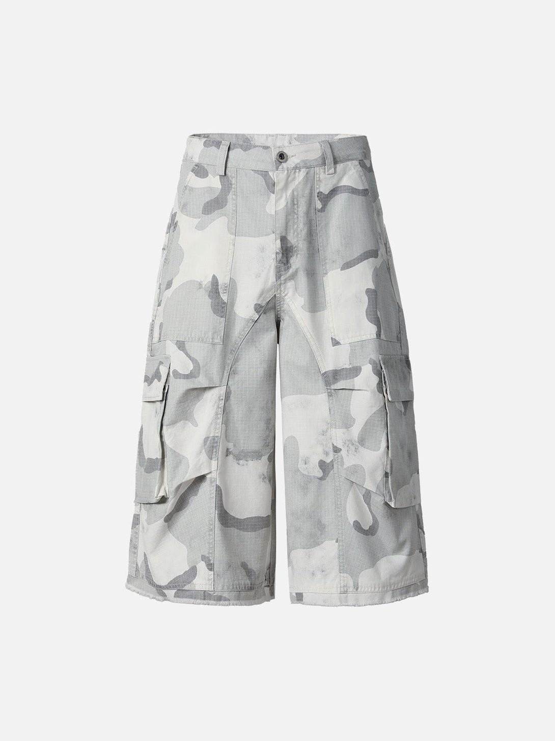 TALISHKO light gray camouflage cargo shorts with multi-pocket design in a front view.