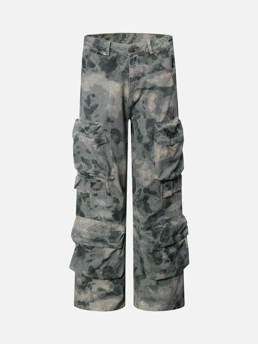 Front view of green camouflage cargo pants by TALISHKO, featuring multiple pockets.