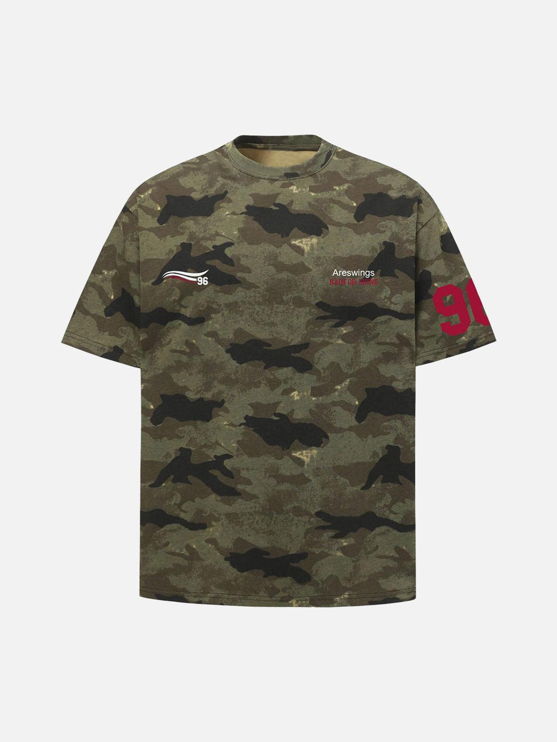Front view of a green camouflage print T-shirt by TALISHKO, featuring bold red accents.