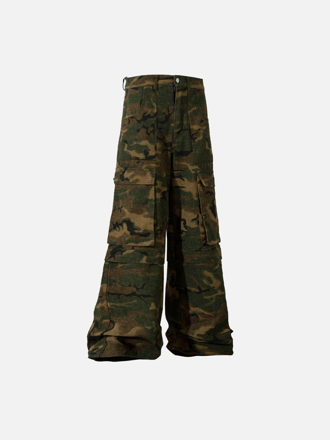 Front view of TALISHKO camouflage oversize denim cargo pants, showcasing a bold street style.