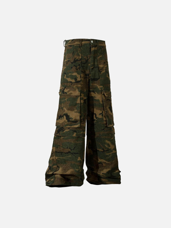 Front view of TALISHKO camouflage oversize denim cargo pants, showcasing a bold street style.