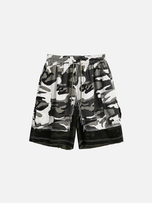 Front view of TALISHKO camouflage patchwork shorts in black, showcasing trendy summer style.