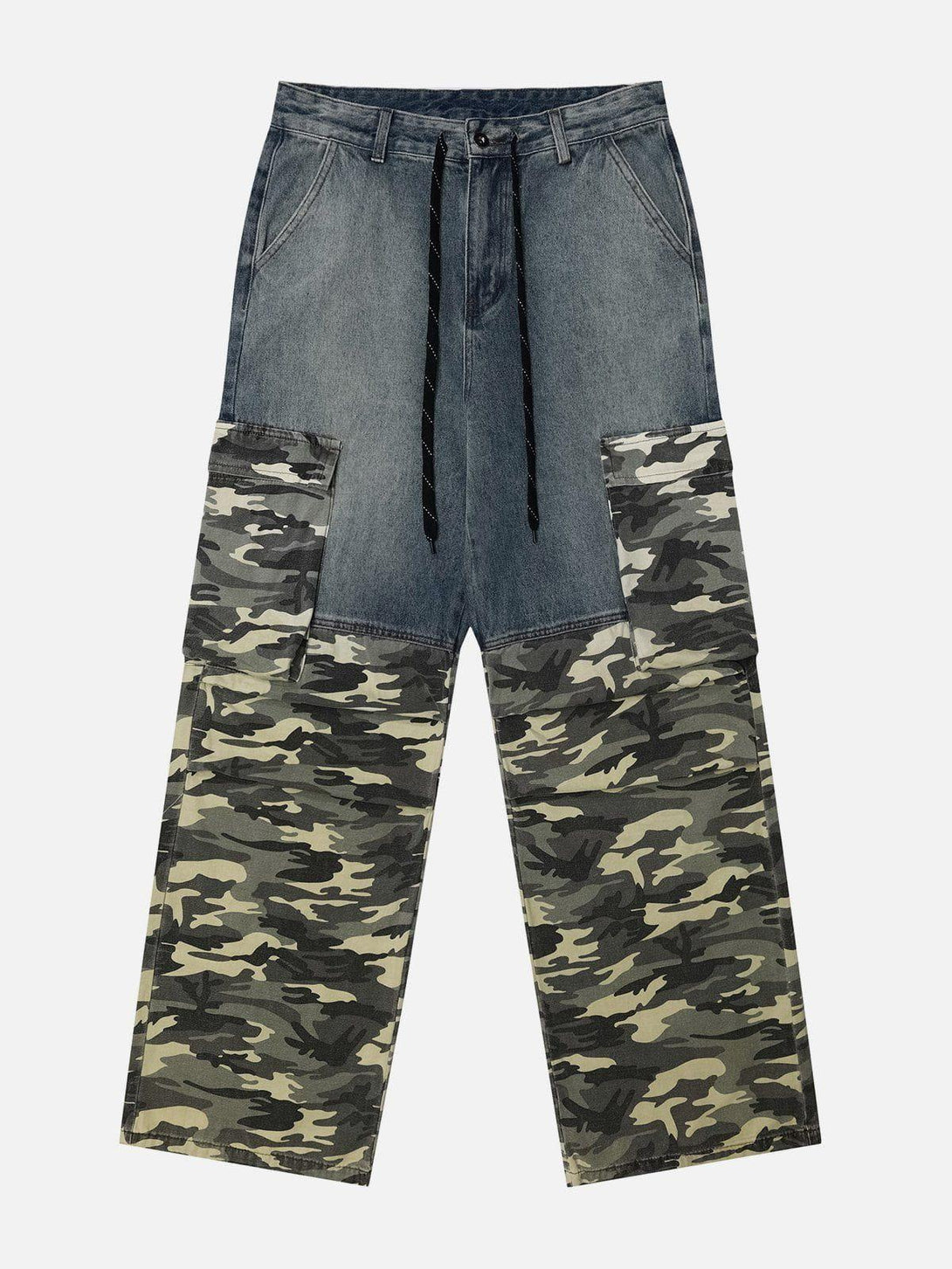 Front view of blue camouflage patchwork jeans by TALISHKO, blending denim and camo styles.