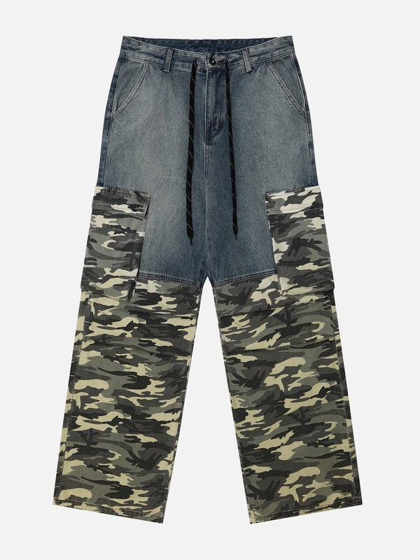 Front view of blue camouflage patchwork jeans by TALISHKO, blending denim and camo styles.