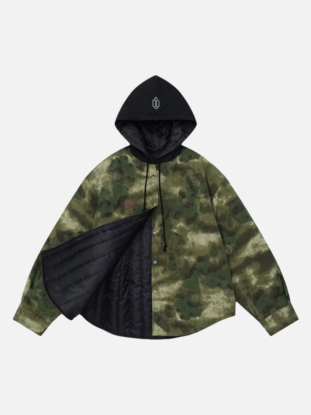 Front view of a green camouflage hooded jacket by TALISHKO, showcasing its urban style.
