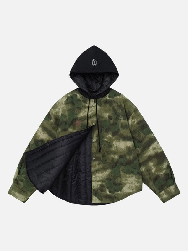Front view of a green camouflage hooded jacket by TALISHKO, showcasing its urban style.