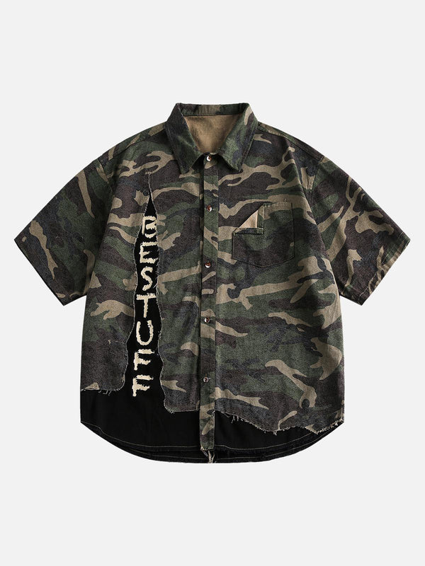 Front view of a classic camouflage short sleeve shirt by TALISHKO with patchwork details.