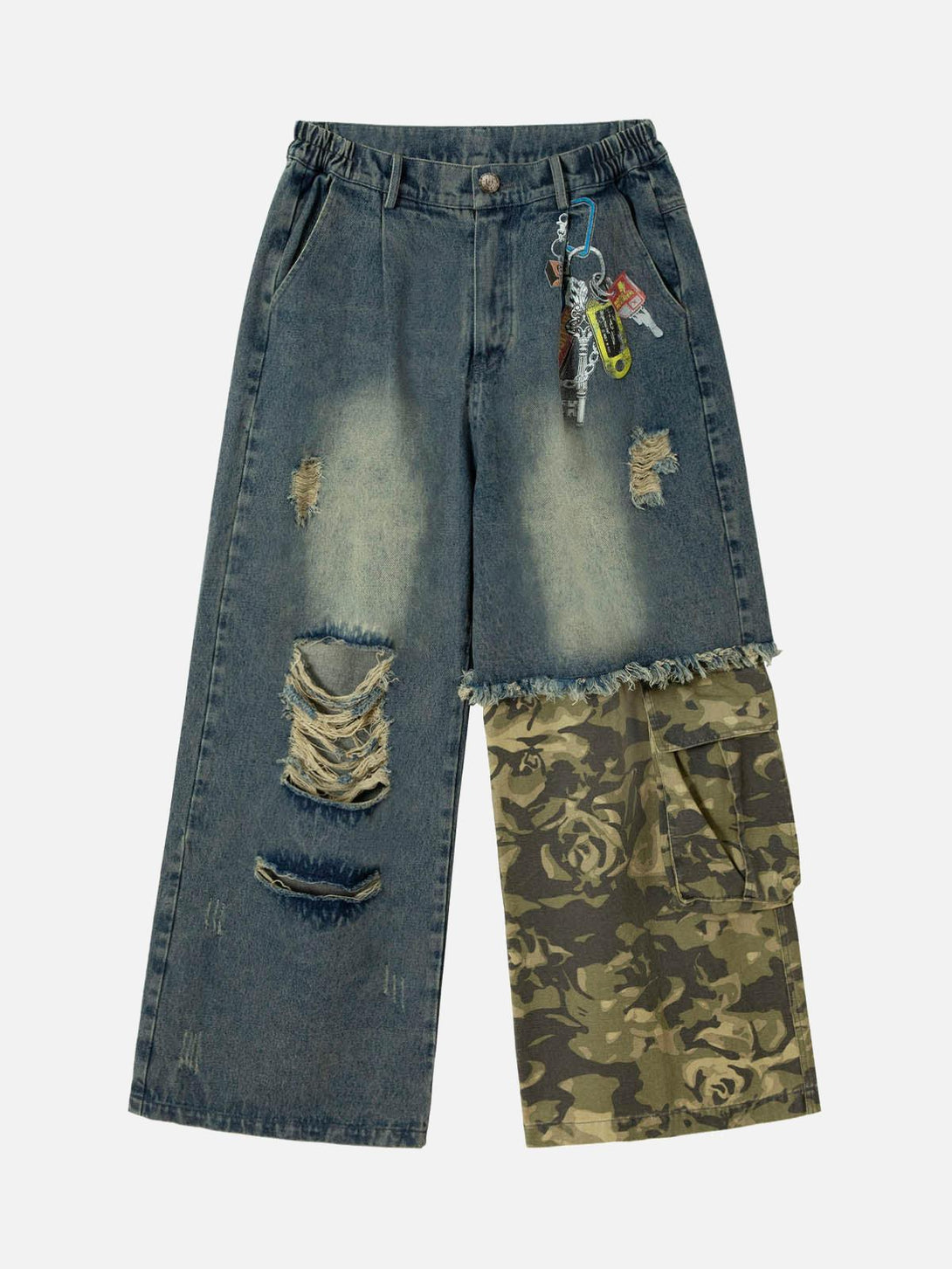 Front view of dark blue TALISHKO jeans with camouflage patchwork and distressed details.