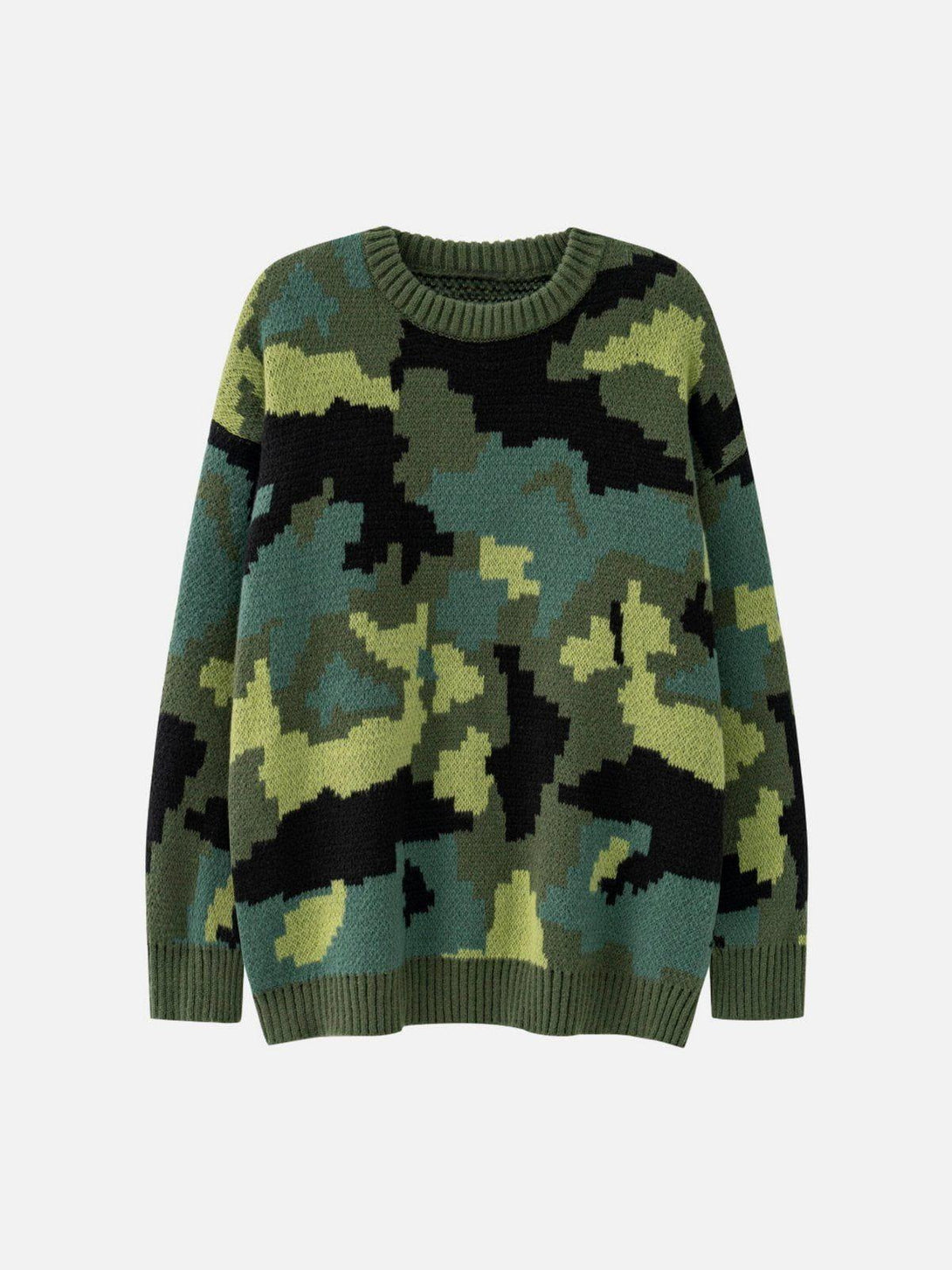 Front view of a green camouflage print sweater by TALISHKO, perfect for urban style.