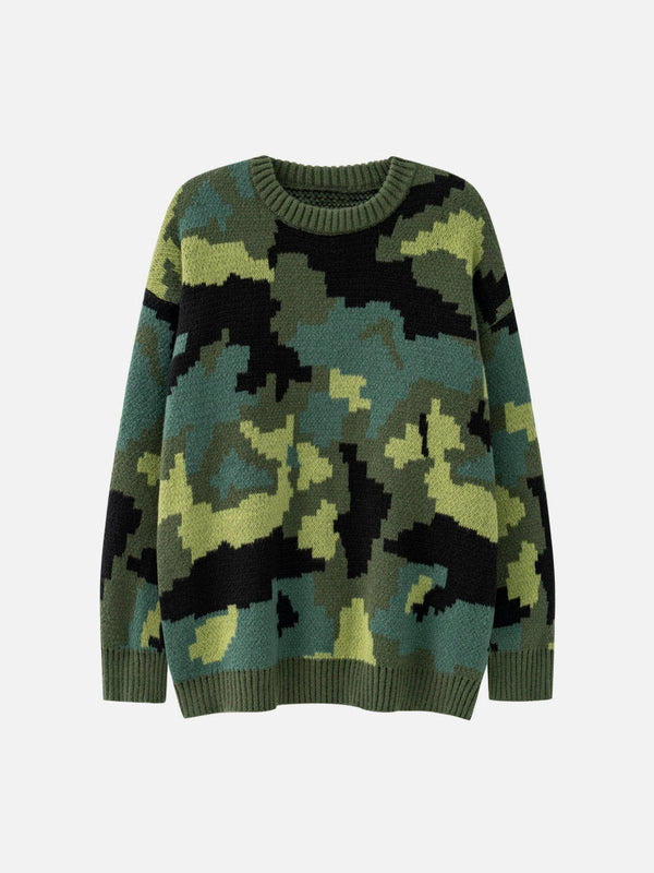 Front view of a green camouflage print sweater by TALISHKO, perfect for urban style.
