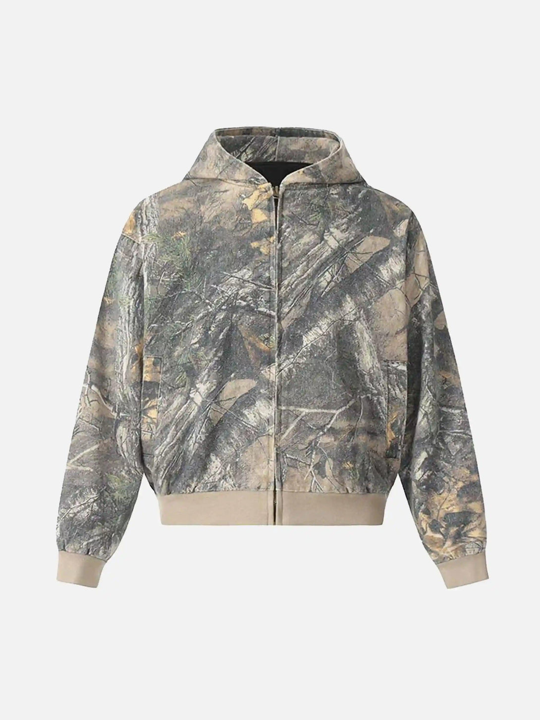 Front view of a green camouflage zip-up hoodie by TALISHKO, ideal for casual street style.