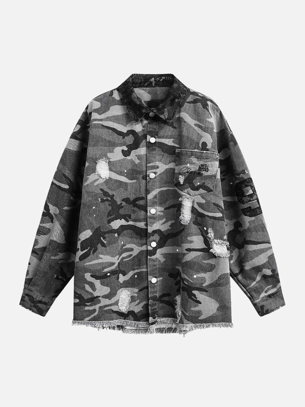 Front view of a classic camouflage ripped denim shirt by TALISHKO, perfect for urban style.