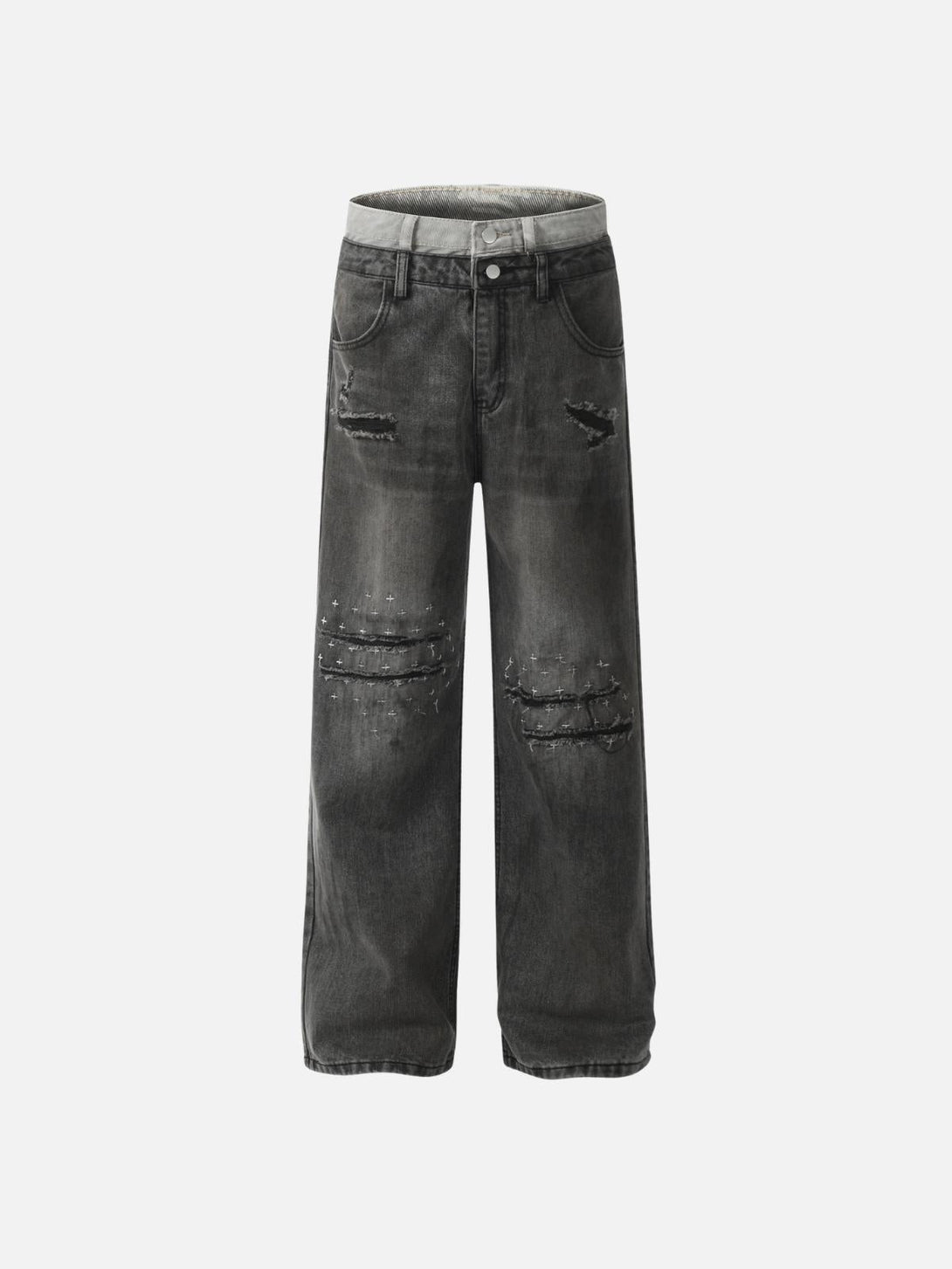 Front view of TALISHKO black jeans with distressed details and a relaxed, edgy look.