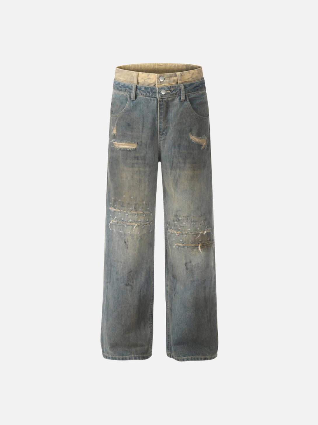 Front view of TALISHKO blue camouflage sagging jeans with distressed details and relaxed fit.