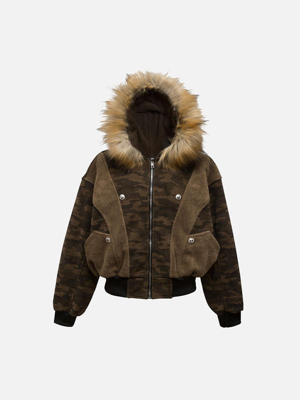 Front view of brown camouflage fleece jacket with fur hood by TALISHKO, perfect for edgy style.